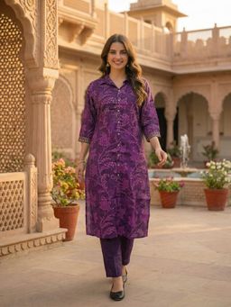 FASHOR - Women Purple Floral Sequined Work Kurta with Pant