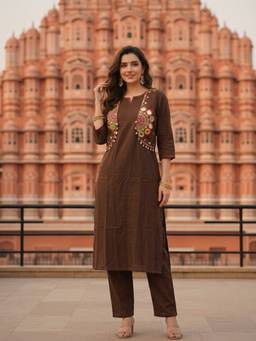 FASHOR - Women Brown Embroidered Mirror Work Kurta with Pant and Jacket