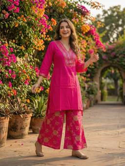 FASHOR - Women Magenta Floral Mirror Work Kurta with Palazzo