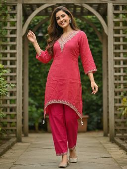 FASHOR - Women Pink Stripes Embroidered Kurta with Pant