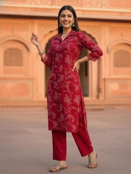 FASHOR - Women Red Floral Printed Kurta with Pant