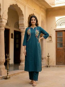 FASHOR - Women Teal Embroidered Mirror Work Kurta with Pant and Jacket