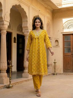 FASHOR - Women Mustard Floral Mirror Work Kurta with Pant