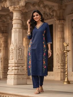 FASHOR - Women Navy Blue Floral Embroidered Kurta with Pant
