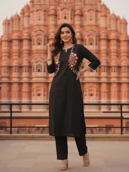 FASHOR - Women Black Embroidered Kurta with Pant and Jacket