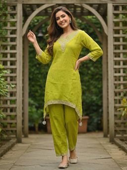 FASHOR - Women Green Stripes Embroidered Kurta with Pant