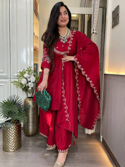 Kedar Fab - Women Red Embroidered Zari Kurta with Palazzo and Dupatta