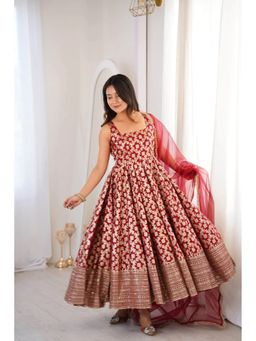 Kedar Fab - Women Maroon Floral Woven Anarkali Kurta with Pant and Dupatta