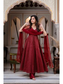 Kedar Fab - Women Maroon Woven Lace Work Anarkali Kurta with Pant and Dupatta