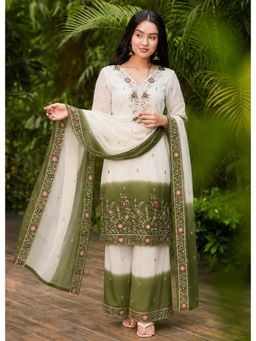 Kedar Fab - Women White-Green Embroidered Sequined Work Kurta with Palazzo and Dupatta