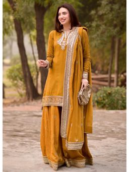 Kedar Fab - Women Mustard Embroidered Sequined Work Kurti with Palazzo and Dupatta