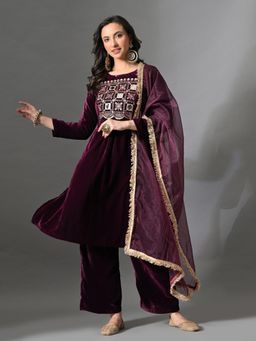 MYSHKA - Women Wine Embroidered Mirror Work Kurta with Pant and Dupatta