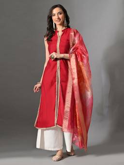 MYSHKA - Women Red Solid Lace Work Kurta with Palazzo and Dupatta
