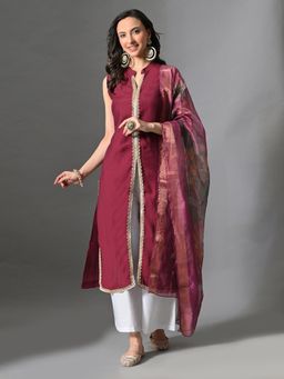 MYSHKA - Women Burgundy Solid Lace Work Kurta with Palazzo and Dupatta