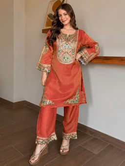 Kedar Fab - Women Orange Embroidered Sequined Work Kurta with Pant