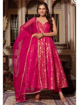Kedar Fab - Women Pink Floral Woven Anarkali Kurta with Pant and Dupatta