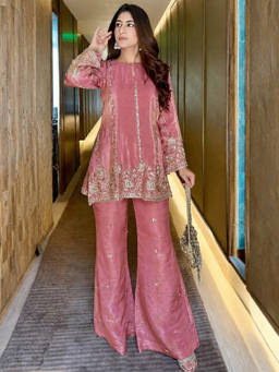 Kedar Fab - Women Pink Embroidered Sequined Work Short Kurti with Palazzo