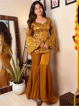 Kedar Fab - Women Rust Floral Embroidered Short Kurti with Sharara and Dupatta