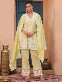 Rain & Rainbow - Women Yellow Floral Embroidered Kurti wit Pant and Dupatta