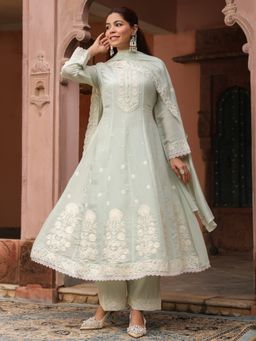 Rain & Rainbow - Women Mint Green Floral Embroidered Anarkali Kurta with Pant and Dupatta