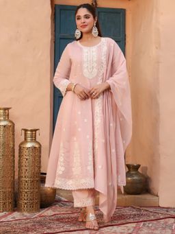 Rain & Rainbow - Women Pink Floral Embroidered Anarkali Kurta with Pant and Dupatta