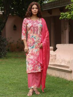 Rain & Rainbow - Women Pink Floral Printed Kurta with Pant and Dupatta