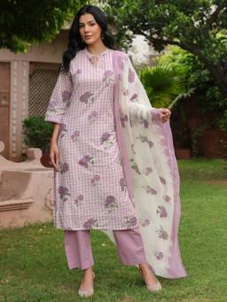 Rain & Rainbow - Women Lavender Checks Printed Kurta with Pant and Dupatta