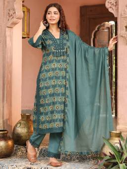 Rain & Rainbow - Women Teal Floral Printed Kurta with Pant and Dupatta