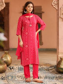 Rain & Rainbow - Women Pink Bandhani Printed Kurta with Pant and Dupatta