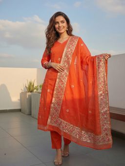 FASHOR - Women Orange Embroidered Gota Kurta with Pant and Dupatta