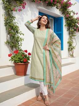 FASHOR - Women Green Stripes Printed Kurta with Pant and Dupatta