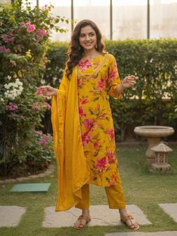 FASHOR - Women Yellow Floral Printed Kurta with Pant and Dupatta