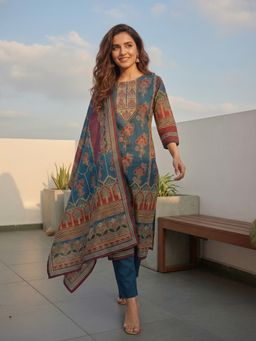 FASHOR - Women Blue Floral Printed Kurta with Pant and Dupatta