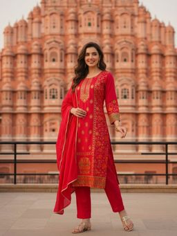 FASHOR - Women Red Floral Printed Kurta with Pant and Dupatta