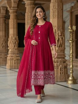 FASHOR - Women Pink Embroidered Thread Work Anarkali Kurta with Pant and Dupatta