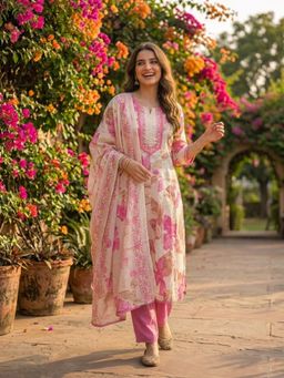 FASHOR - Women Pink Floral Printed Anarkali Kurta with Pant and Dupatta