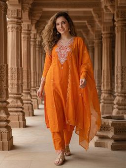 FASHOR - Women Orange Embroidered Sequined Work Kurta with Pant and Dupatta