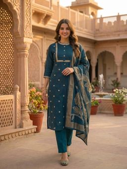 FASHOR - Women Teal Floral Embroidered Kurta with Pant and Dupatta