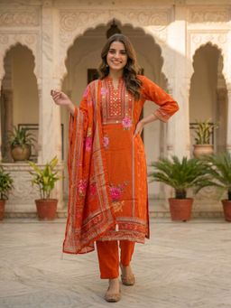 FASHOR - Women Orange Floral Mirror Work Kurta with Pant and Dupatta