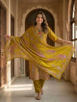 FASHOR - Women Mustard Paisley Embroidered Kurta with Pant and Dupatta