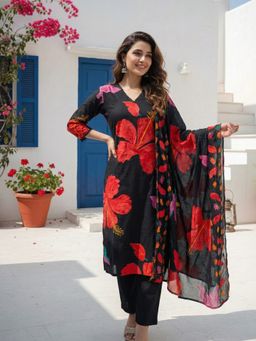 FASHOR - Women Black Floral Printed Kurta with Pant and Dupatta