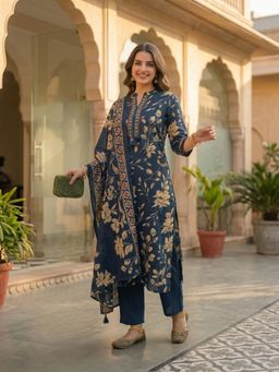 FASHOR - Women Navy Blue Floral Printed Kurta with Pant and Dupatta