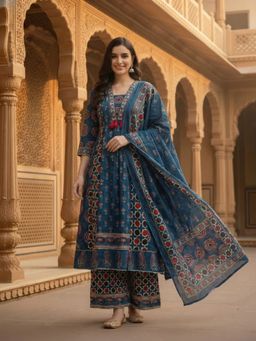 FASHOR - Women Navy Blue Floral Printed Anarkali Kurta with Palazzo and Dupatta