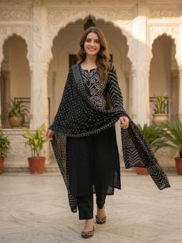 FASHOR - Women Black Bandhani Printed Kurta with Pant and Dupatta