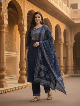FASHOR - Women Navy Blue Printed Embroidered Kurta with Pant and Dupatta
