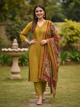 FASHOR - Women Olive Stripes Printed Kurta with Pant and Dupatta
