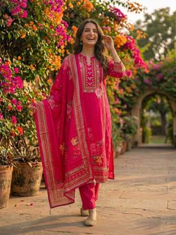 FASHOR - Women Pink Floral Mirror Work Kurta with Pant and Dupatta