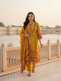 FASHOR - Women Mustard Floral Embroidered Kurta with Pant and Dupatta