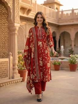 FASHOR - Women Rust Floral Printed Kurta with Pant and Dupatta