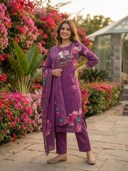 FASHOR - Women Purple Floral Printed Kurta with Pant and Dupatta